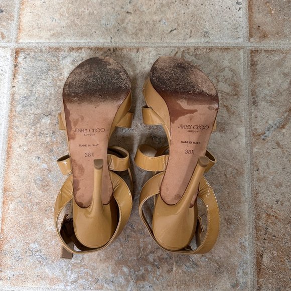 Jimmy Choo Vamp Sandal Tan Nude Patent Leather Sz. 38 1/2 Platform High heel - Picture 9 of 10